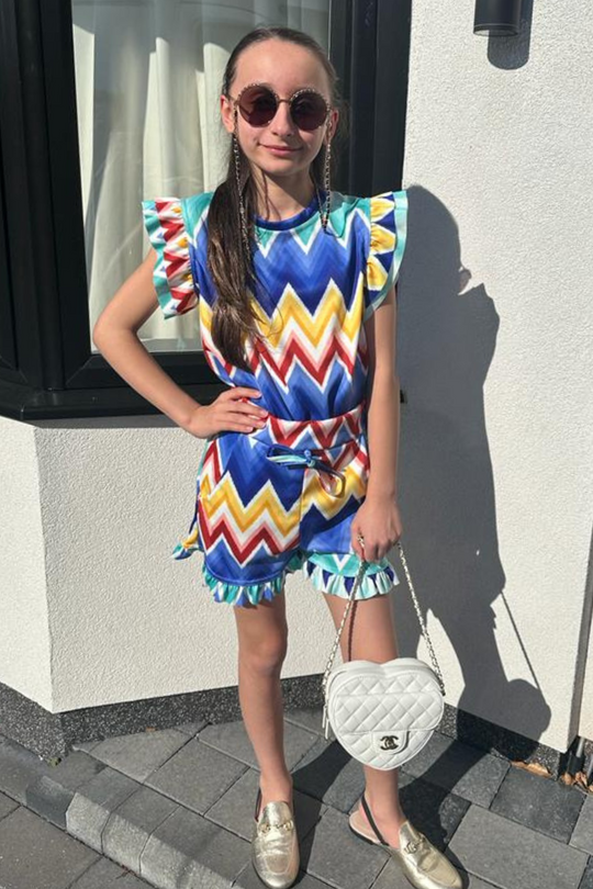 Mini Hannah blue zigzag frill short coord set