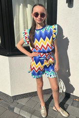 Mini Hannah Blue Zigzag Frill Short Coord Set Co Ord