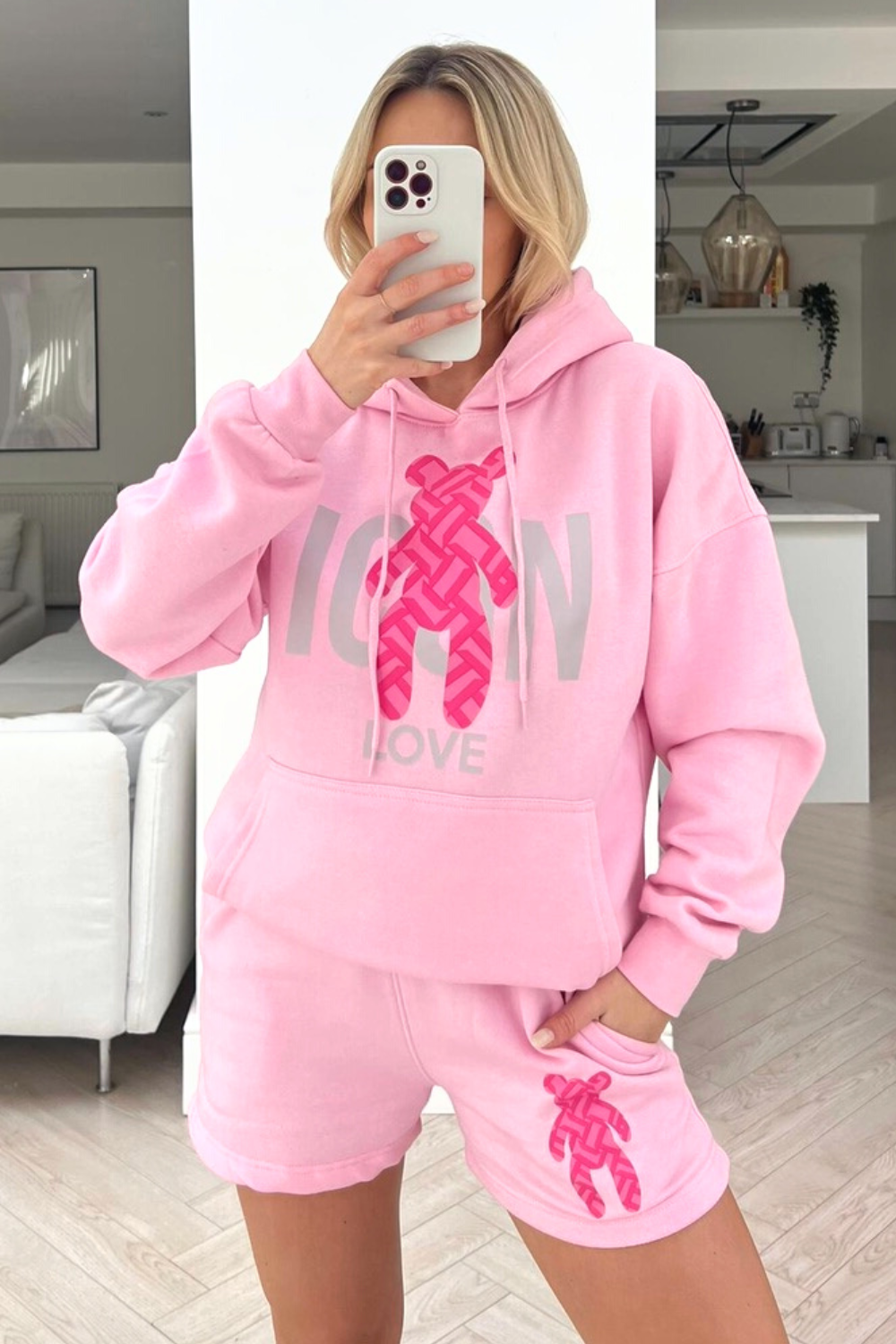Icon teddy pink hoodie short loungewear set – Glamify Famous For Loungewear
