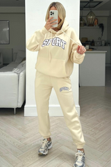 Sport Ecru Embroidered Hooded Jogger Loungewear Set Loungewear