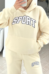 Sport Ecru Embroidered Hooded Jogger Loungewear Set Loungewear