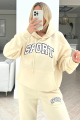 Sport Ecru Embroidered Hooded Jogger Loungewear Set Loungewear