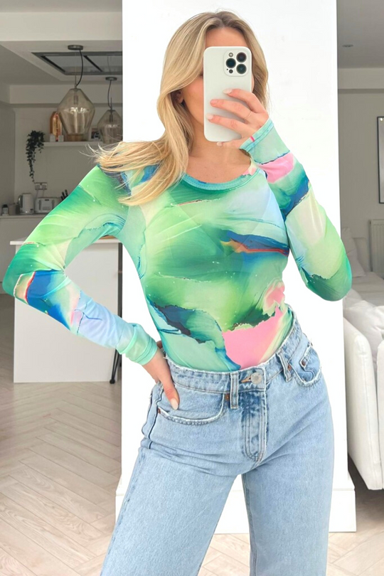 Raye green marble long sleeve sheer bodysuit