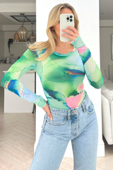 Raye green marble long sleeve sheer bodysuit