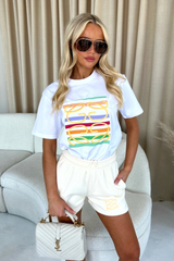 Louella Ecru Rainbow Stripe Embroidered Premium Short Tee Coord Co Ord