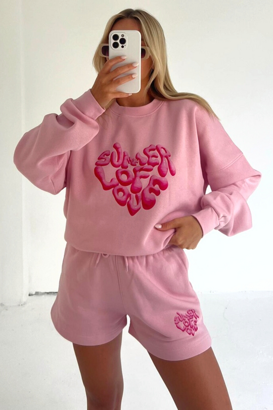 summer of love baby pink printed sweater loungewear set