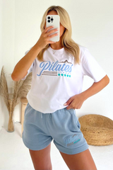 Pilates White And Baby Blue Embroidered Premium Short T-Shirt Coord Co Ord