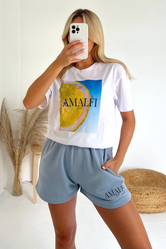Amalfi white and baby blue printed premium short t-shirt coord
