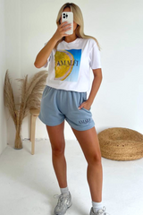 Amalfi White And Baby Blue Printed Premium Short T-Shirt Coord Co Ord