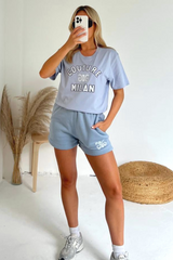 Couture Milan Baby Blue Printed Premium Short T-Shirt Coord Co Ord