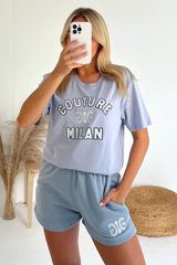 Couture Milan Baby Blue Printed Premium Short T-Shirt Coord Co Ord