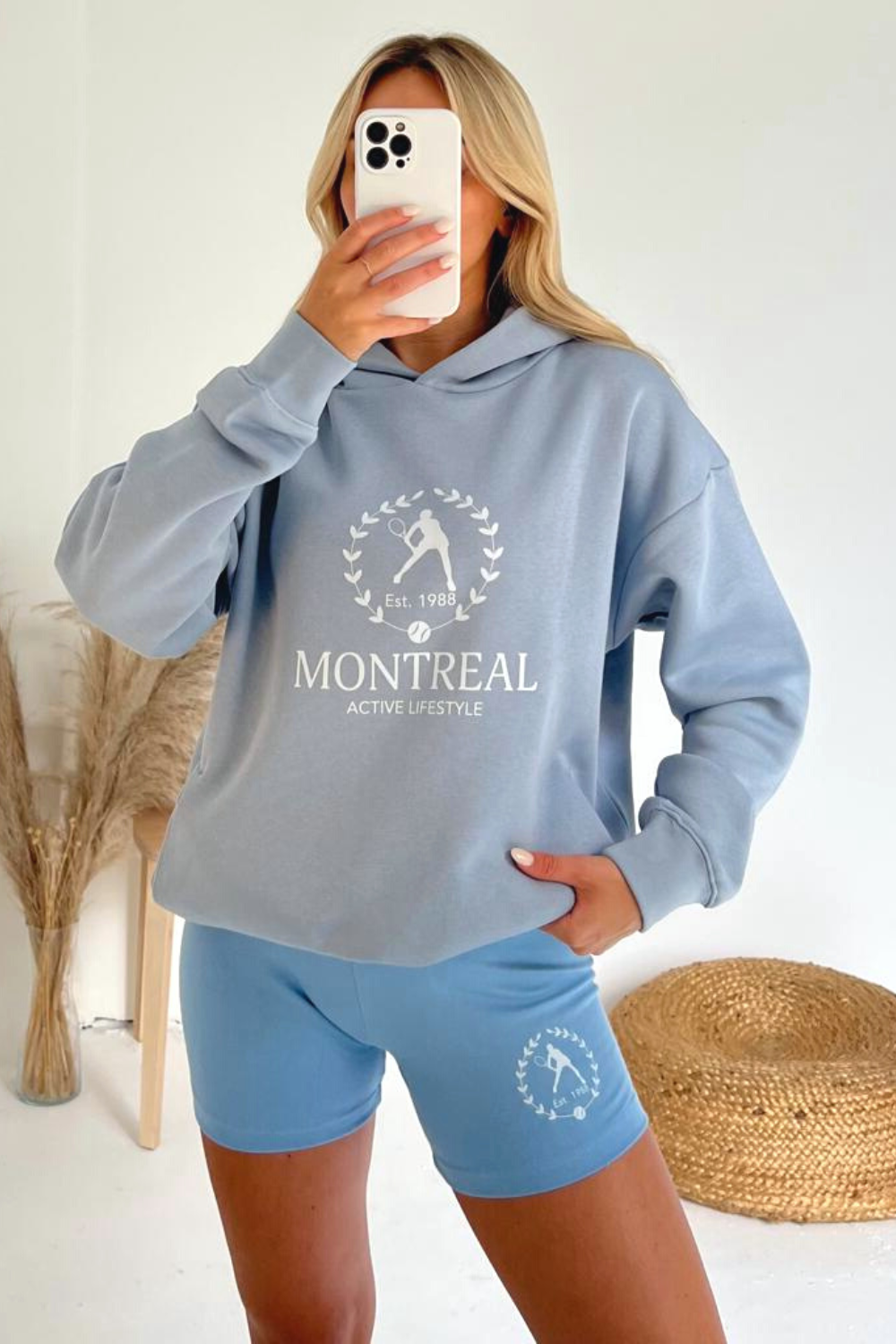 Montreal printed baby blue hoodie and cycling shorts Glamify Famous For Loungewear