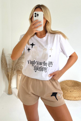 Any Lifetime White And Stone Printed Premium Short T-Shirt Coord Co Ord