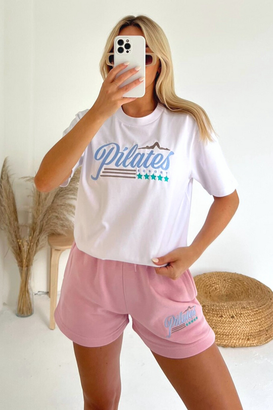 Pilates white and baby pink embroidered premium short t-shirt coord