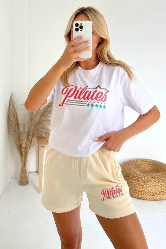 Pilates white and ecru embroidered premium short t-shirt coord