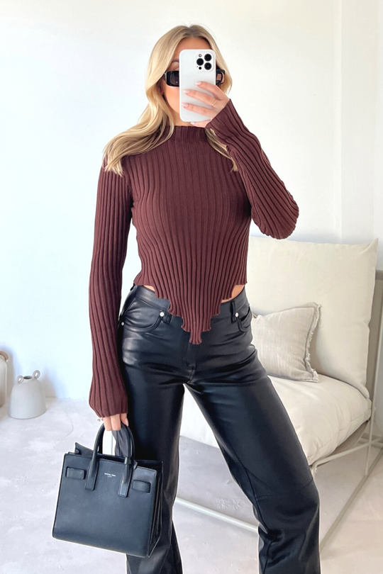 Mila chocolate brown rib knit long sleeve crop top
