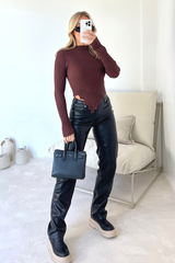 Mila chocolate brown rib knit long sleeve crop top