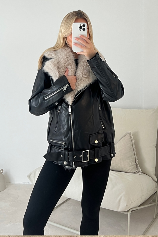 sammy black&beige faux fur biker jacket