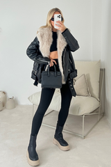 sammy black&beige faux fur biker jacket