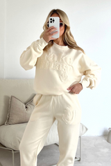 Take it easy ecru embroidered sweater joggers premium loungewear