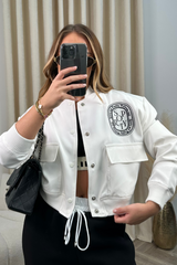 Sporty white embroidered cropped bomber jacket
