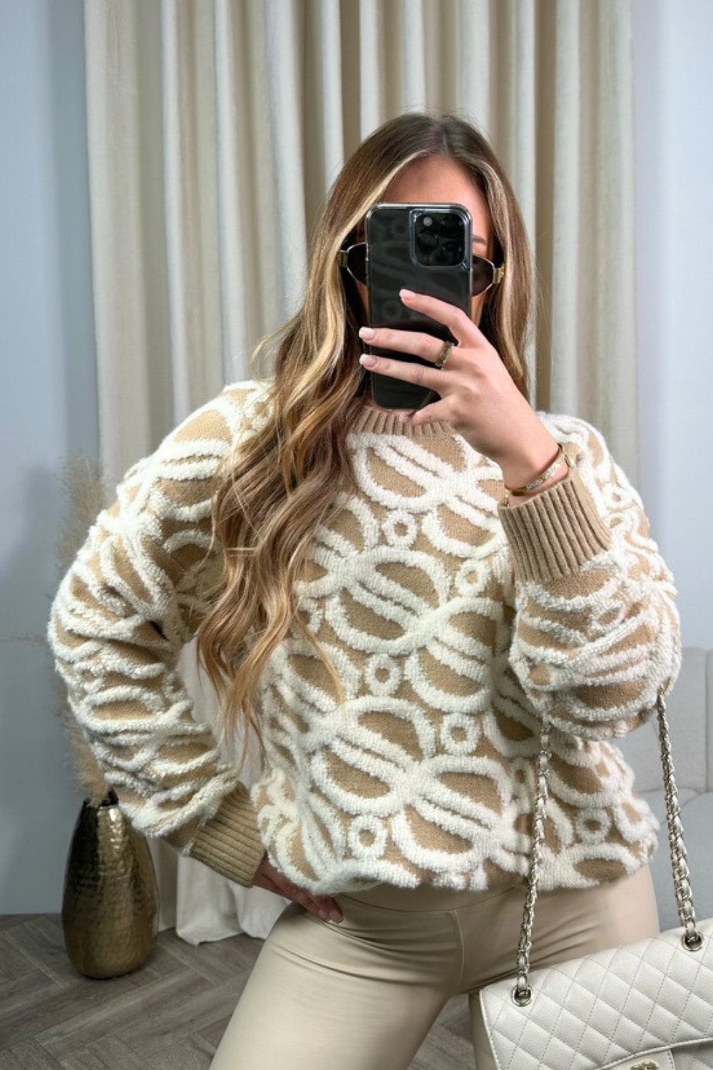 Matilda beige chain print knit jumper Glamify Famous For Loungewear