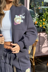 To the moon steel grey printed bomber jacket and straight leg jogger