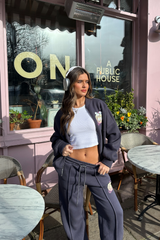 To the moon steel grey printed bomber jacket and straight leg jogger