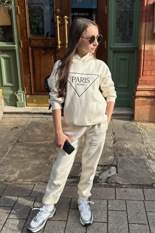 Mini Paris triangle ecru embroidered hoodie and joggers