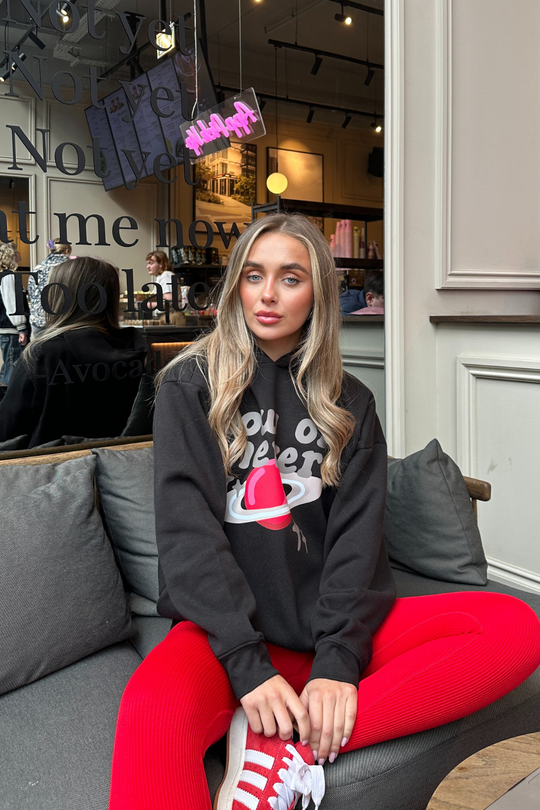 Now or never black printed hoodie and red legging set