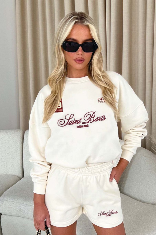 Saint Barts ecru and red embroidered sweater shorts loungewear