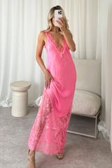 Tiah pink satin lace trim maxi dress