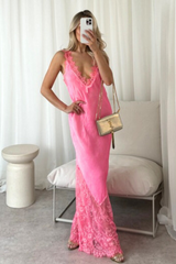 Tiah pink satin lace trim maxi dress