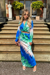 Kalli blue and green satin blouse and maxi skirt co-ord