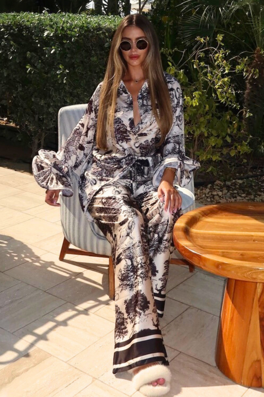 Raya black jungle satin shirt with frill cuffs