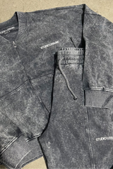 studio leisure embroidered grey acid wash zip up bomber loungewear set