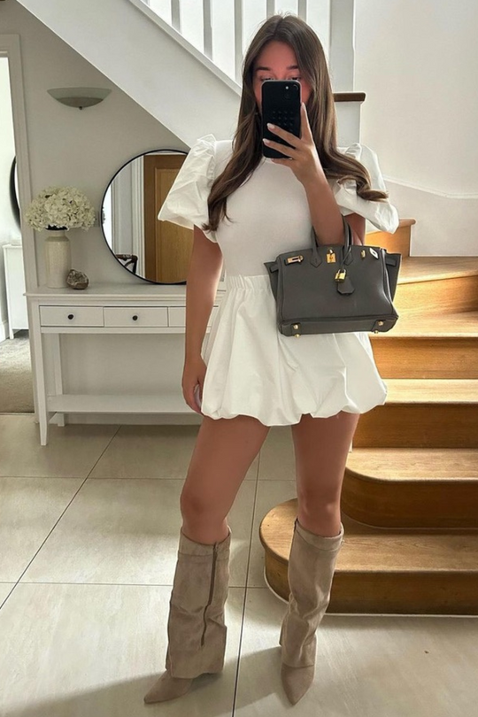 Maddie white puffball ribbed mini dress