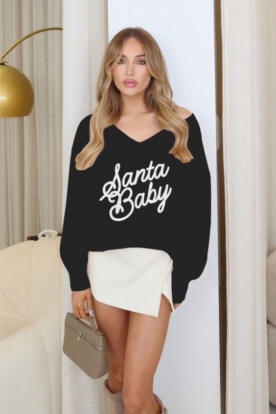 Santa baby black embroidered bow cut out knit jumper