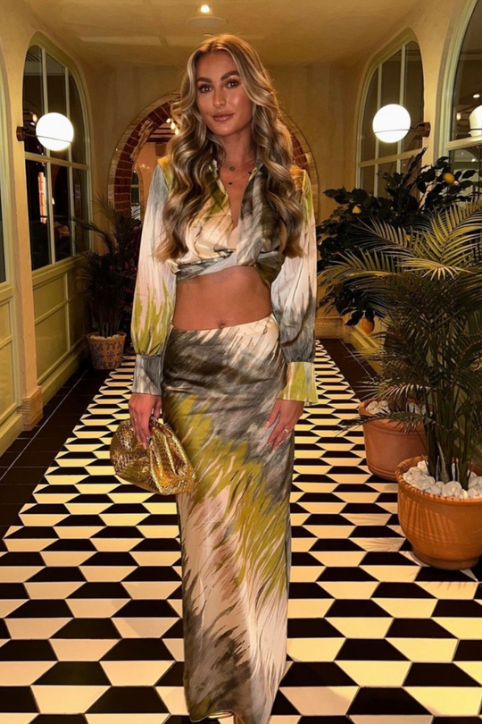 Kalli khaki satin blouse and midi skirt co-ord