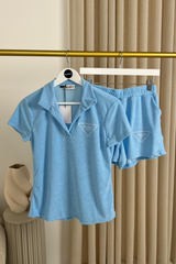 Paris blue embroidered towelling polo shorts co-ord