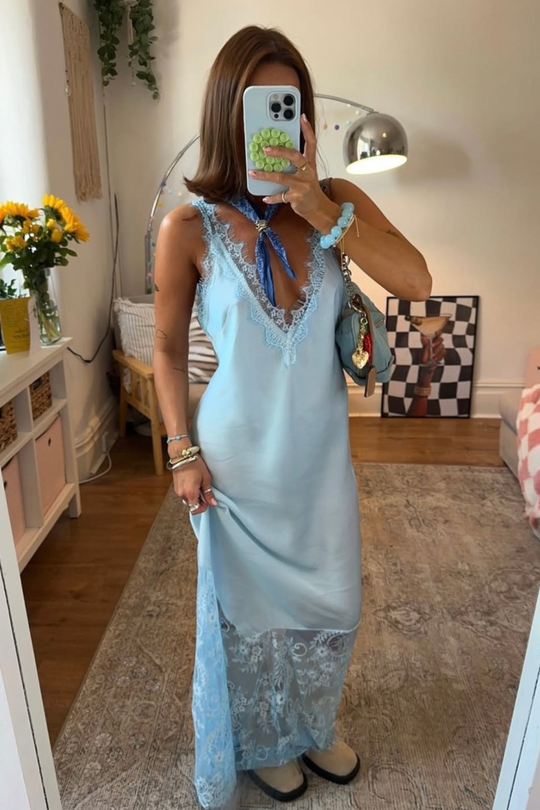 Tiah baby blue satin lace trim maxi dress