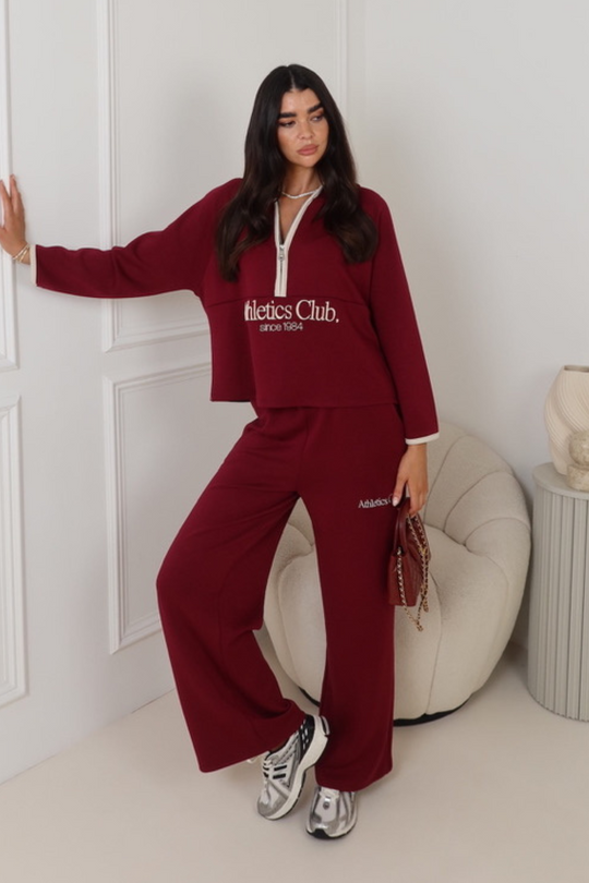 EDEN BURGUNDY EMBROIDERED ATHLETIC CLUB  LOUNGE CO-ORD