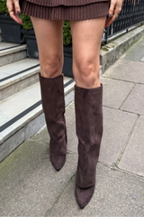Brooke chocolate faux suede knee high heeled boots