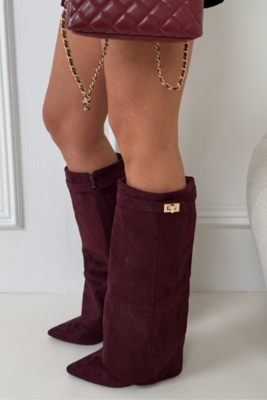 HARLEY WINE SUEDE KNEE HIGH FOLD OVER HEEL BOOTS