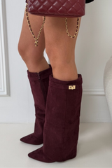 HARLEY WINE SUEDE KNEE HIGH FOLD OVER HEEL BOOTS