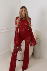 ADEL BURGUNDY LACE RUCHED SIDED LONG SLEEVE TOP