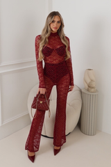 TALIA BURGUNDY LACE DIAMANTE HIGH NECK LONG SLEEVE BACKLESS JUMPSUIT