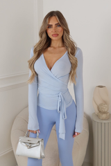 AURELIA BLUE LONG SLEEVE WRAP FRONT TIE TOP
