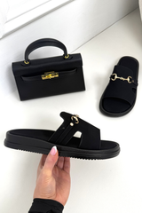 SHEREE BLACK GOLD BUCKLE SLIDERS