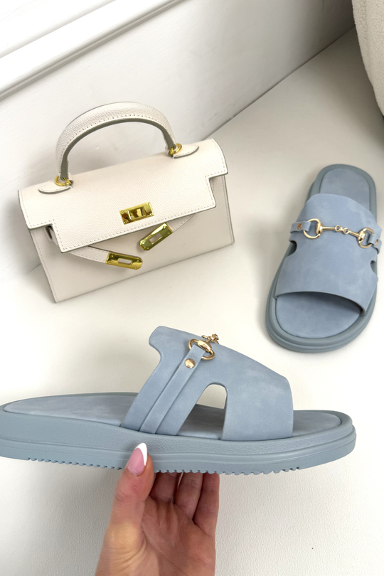 SHEREE BABY BLUE GOLD BUCKLE SLIDERS